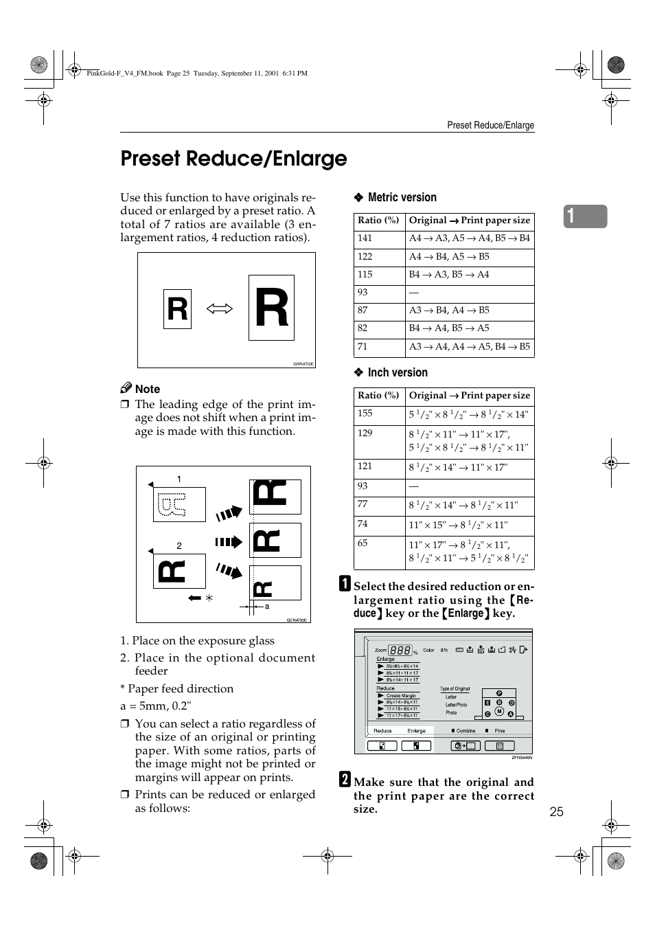 Preset reduce/enlarge, 1preset reduce/enlarge | Lanier JP1030 User Manual | Page 37 / 128
