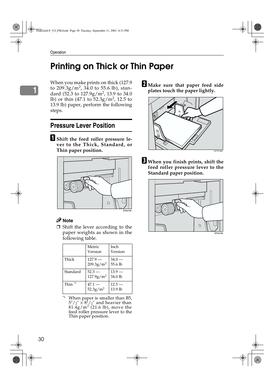 Printing on thick or thin paper, 1printing on thick or thin paper, Pressure lever position | Lanier JP1030 User Manual | Page 42 / 128