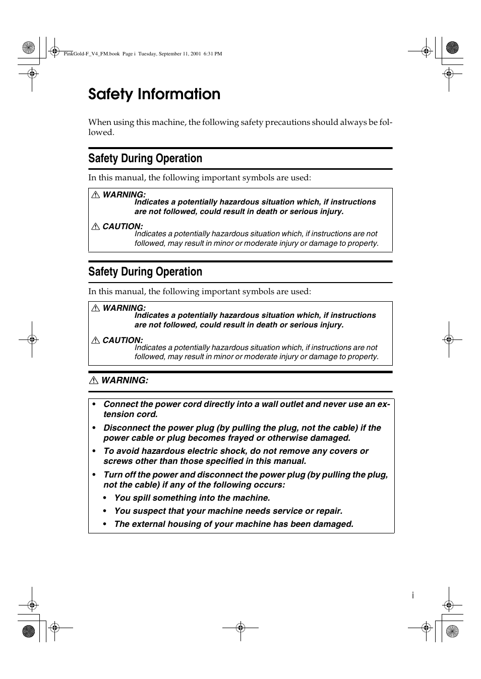 Safety information, Safety during operation | Lanier JP1030 User Manual | Page 5 / 128