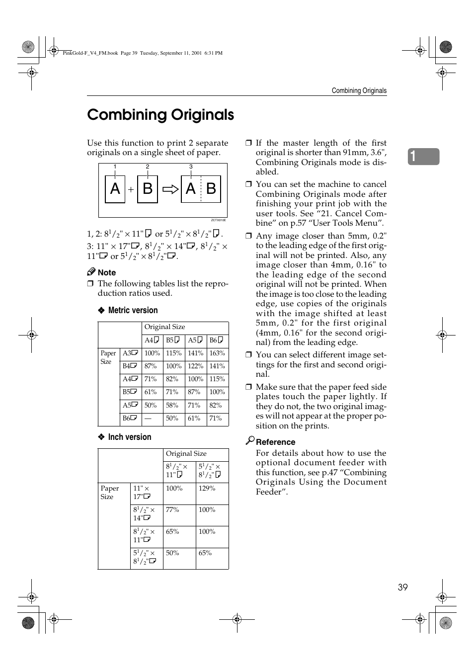 Combining originals, Ba a b, 1combining originals | Lanier JP1030 User Manual | Page 51 / 128