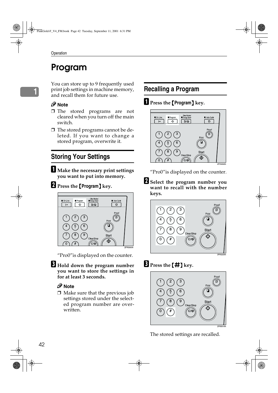Program, 1program, Storing your settings | Recalling a program | Lanier JP1030 User Manual | Page 54 / 128