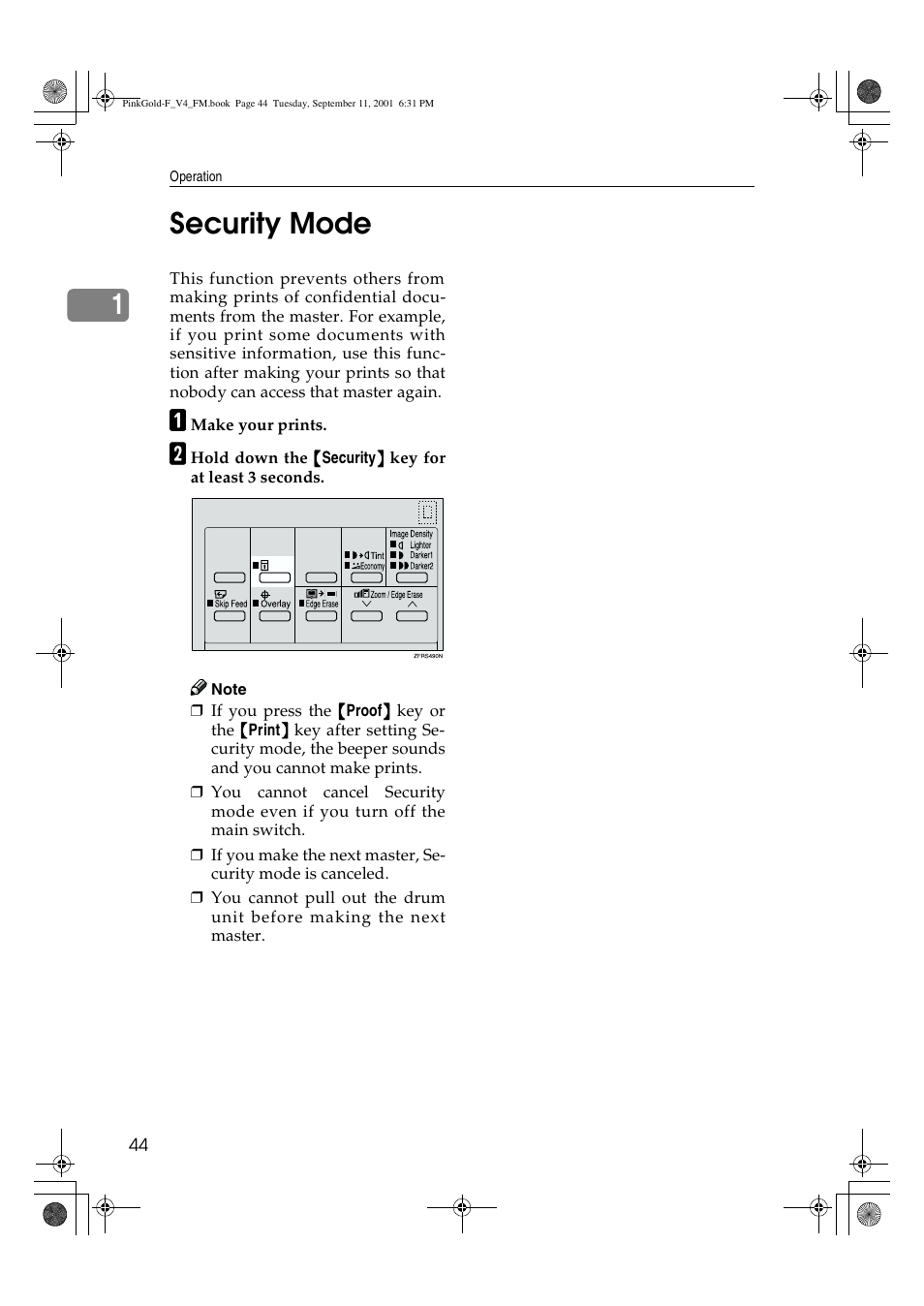 Security mode, 1security mode | Lanier JP1030 User Manual | Page 56 / 128