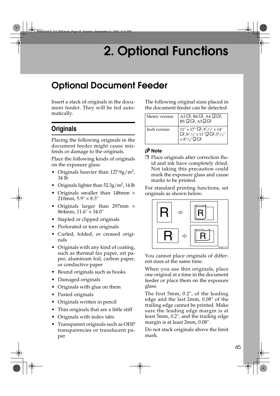 Optional functions, Optional document feeder, Originals | Lanier JP1030 User Manual | Page 57 / 128