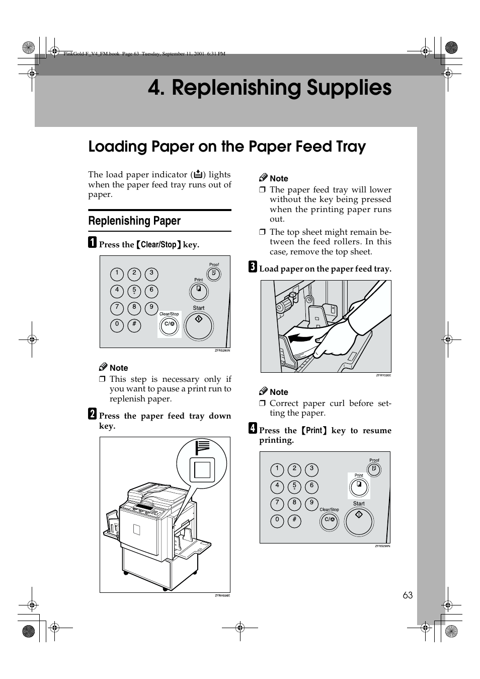 Replenishing supplies, Loading paper on the paper feed tray, Replenishing paper | Lanier JP1030 User Manual | Page 75 / 128