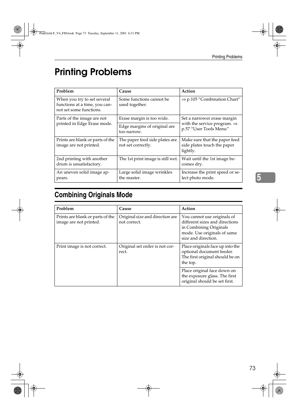 Printing problems, 5printing problems, Combining originals mode | Lanier JP1030 User Manual | Page 85 / 128