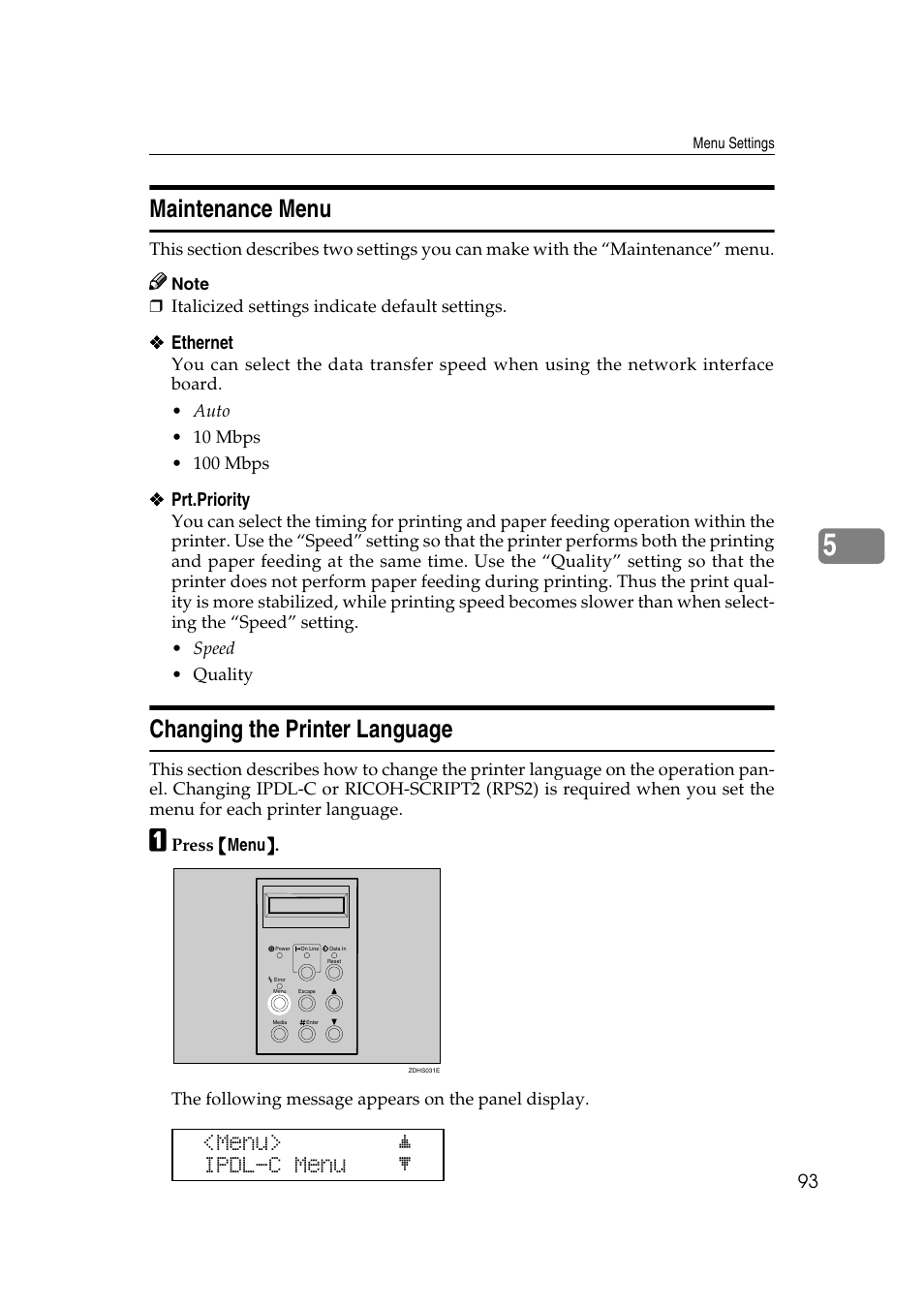 Maintenance menu, Changing the printer language, Menu> j ipdl-c menu l | Lanier AP206 User Manual | Page 106 / 141