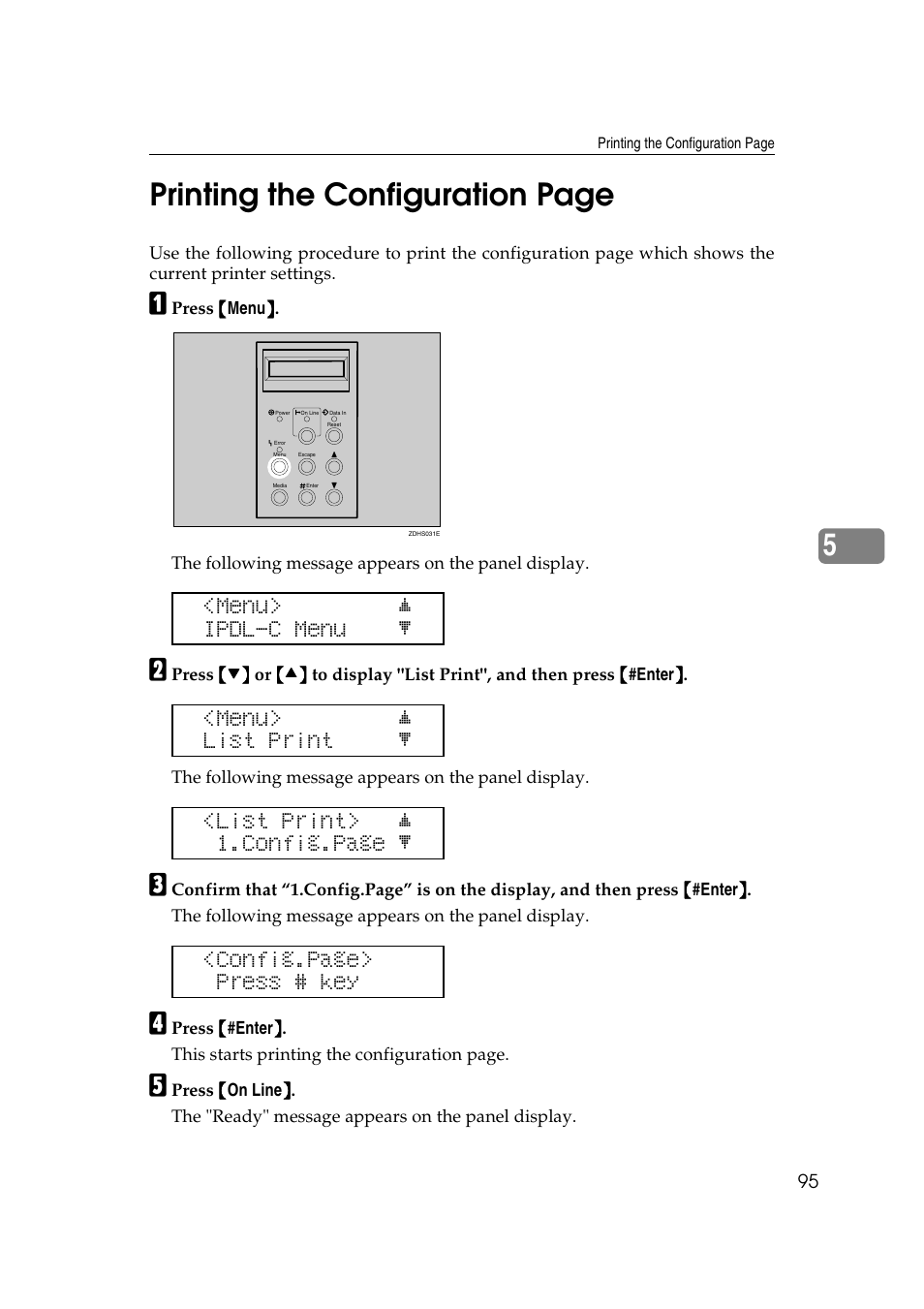 5printing the configuration page, Menu> j ipdl-c menu l, Menu> j list print l | List print> j 1.config.page l, Config.page> press # key | Lanier AP206 User Manual | Page 108 / 141