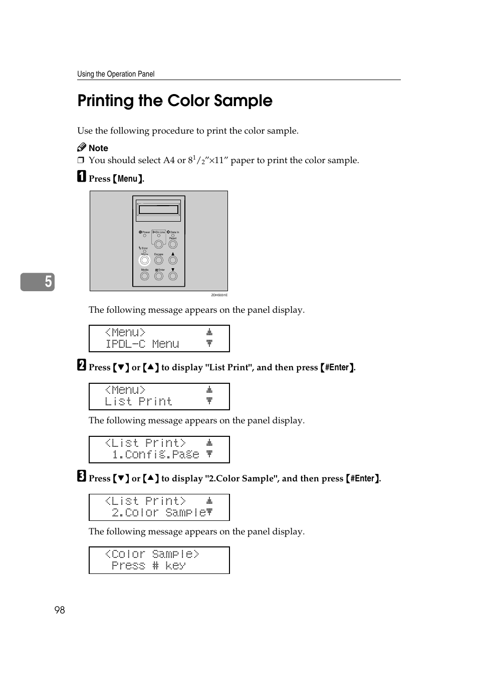 Printing the color sample, 5printing the color sample, Menu> j ipdl-c menu l | Menu> j list print l, List print> j 1.config.page l, List print> j 2.color samplel, Color sample> press # key | Lanier AP206 User Manual | Page 111 / 141