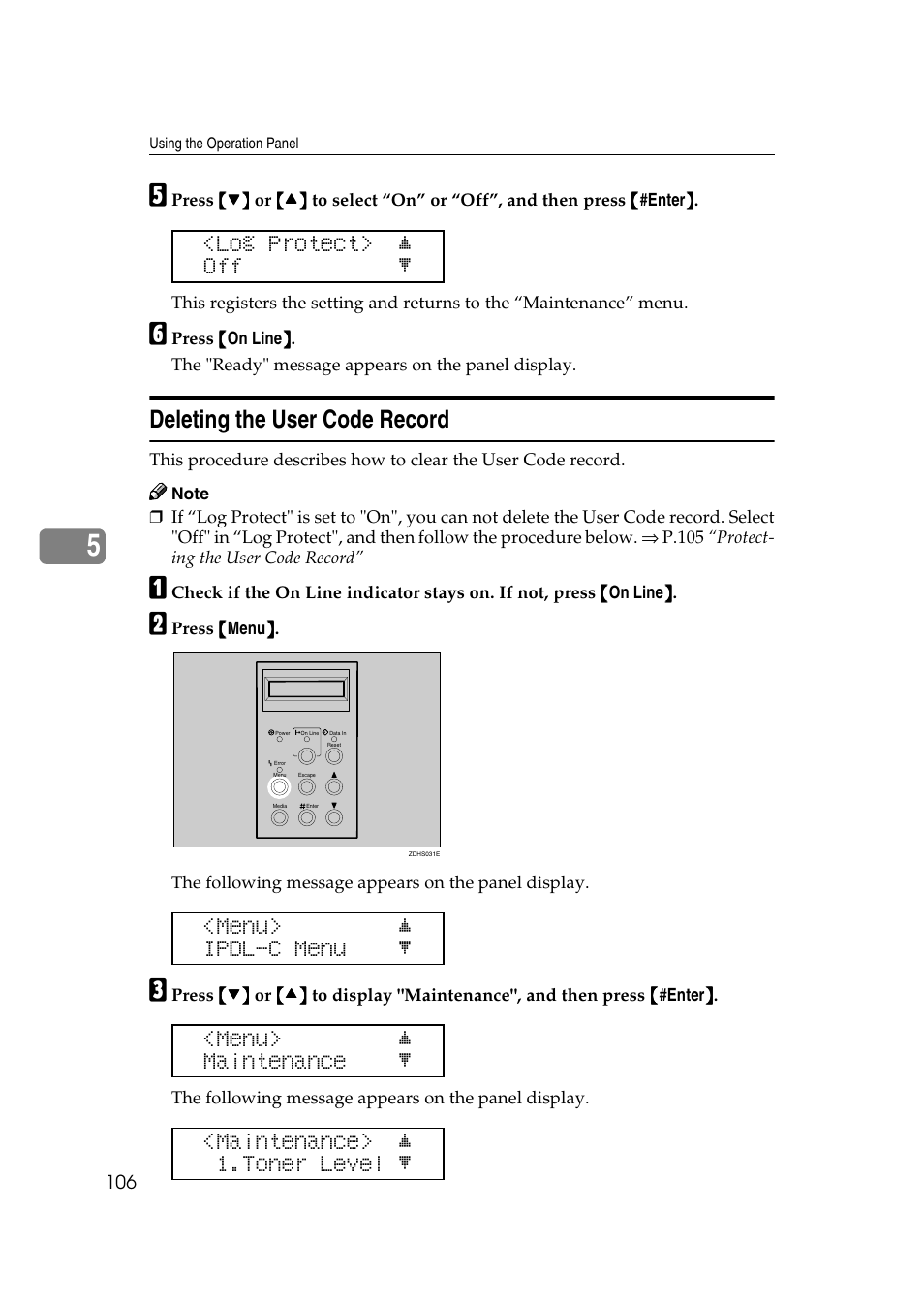 Deleting the user code record, Log protect> j off l, Menu> j ipdl-c menu l | Menu> j maintenance l, Maintenance> j 1.toner level l | Lanier AP206 User Manual | Page 119 / 141