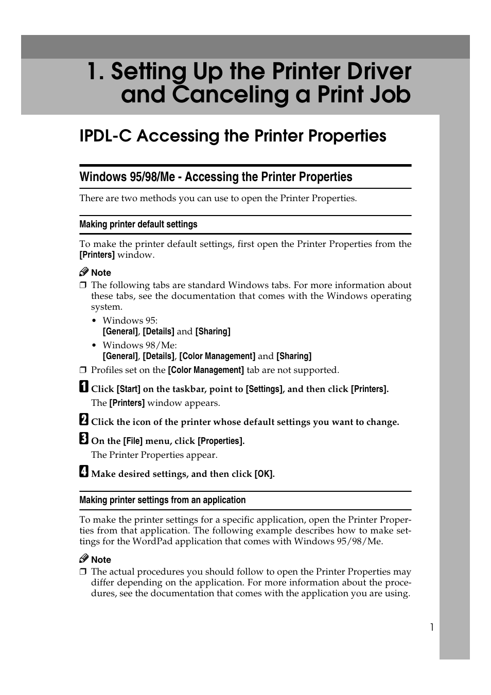 Ipdl-c accessing the printer properties, Windows 95/98/me | Lanier AP206 User Manual | Page 14 / 141