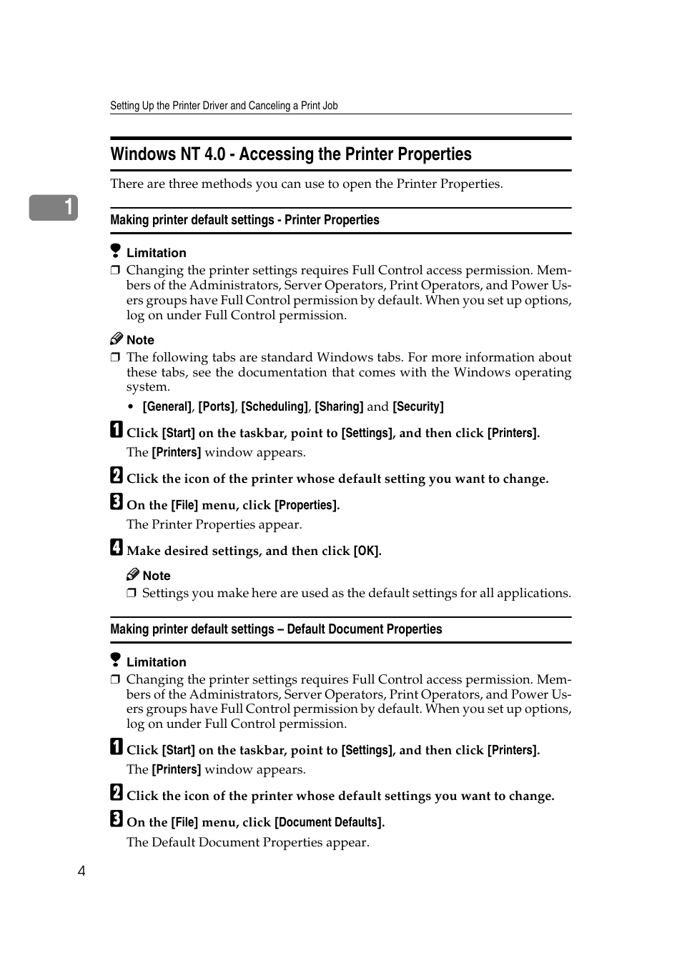Windows nt 4.0, Windows nt 4.0 - accessing the printer properties | Lanier AP206 User Manual | Page 17 / 141