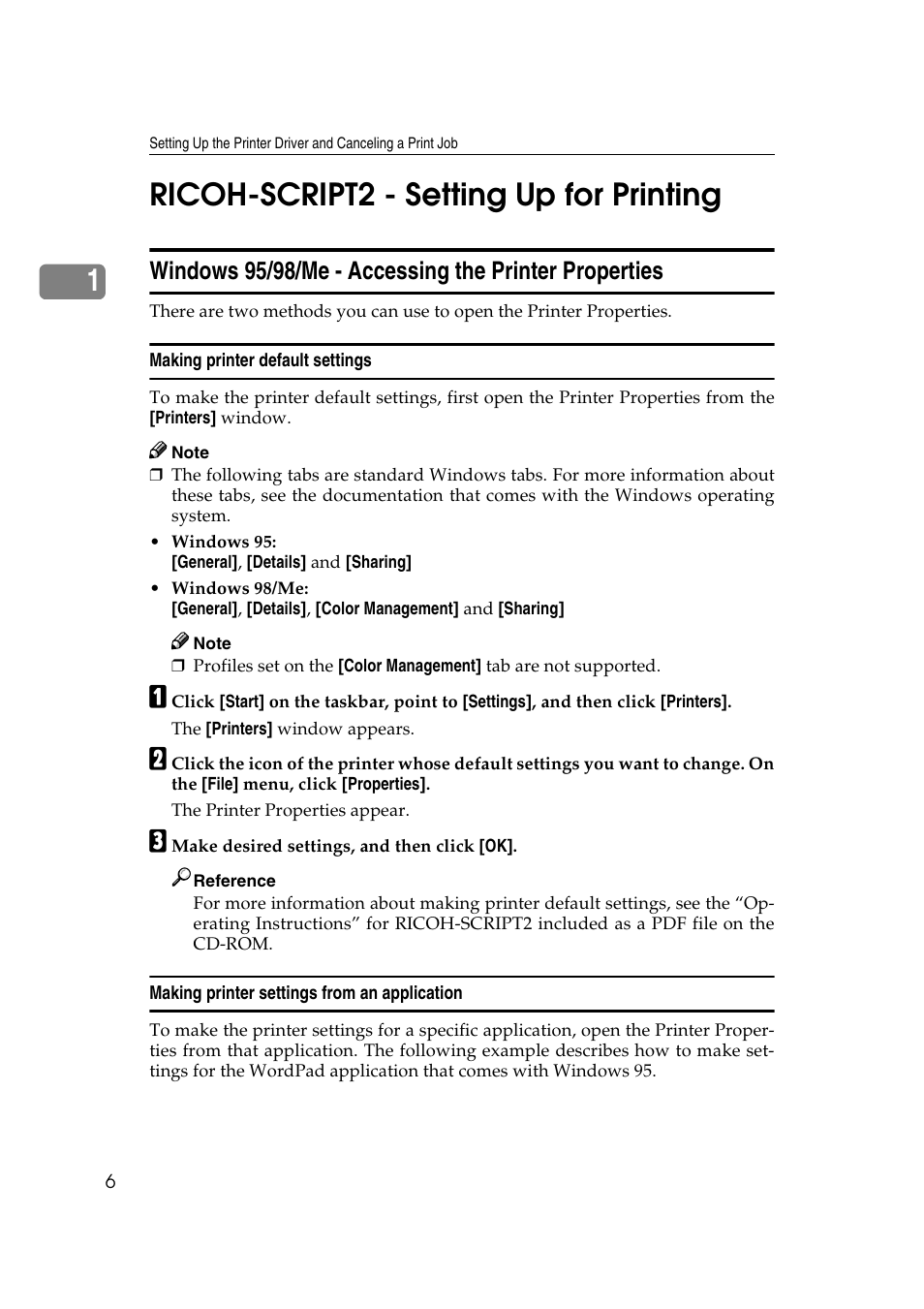 Ricoh-script2 - setting up for printing, Windows 95/98/me, 1ricoh-script2 - setting up for printing | Lanier AP206 User Manual | Page 19 / 141