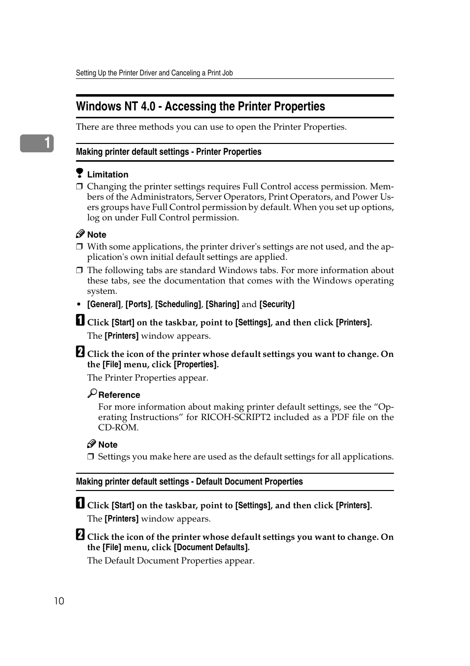 Windows nt 4.0, Windows nt 4.0 - accessing the printer properties | Lanier AP206 User Manual | Page 23 / 141