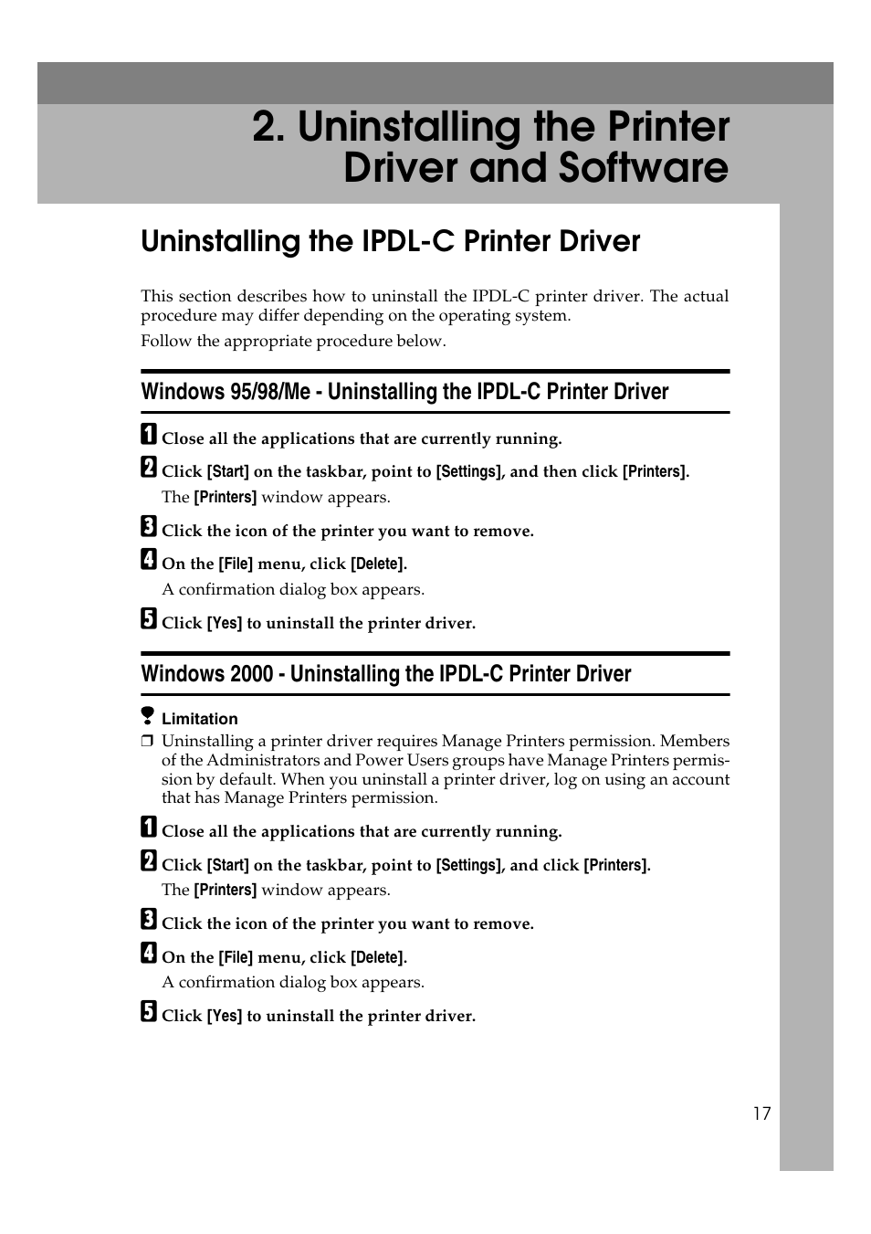 Uninstalling the printer driver and software, Uninstalling the ipdl-c printer driver, Windows 95/98/me | Windows 2000 | Lanier AP206 User Manual | Page 30 / 141