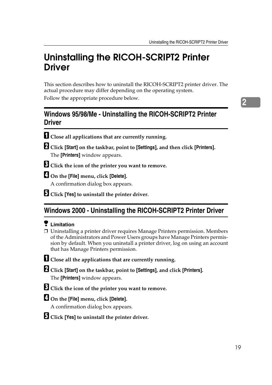 Uninstalling the ricoh-script2 printer driver, Windows 95/98/me, Windows 2000 | 2uninstalling the ricoh-script2 printer driver | Lanier AP206 User Manual | Page 32 / 141