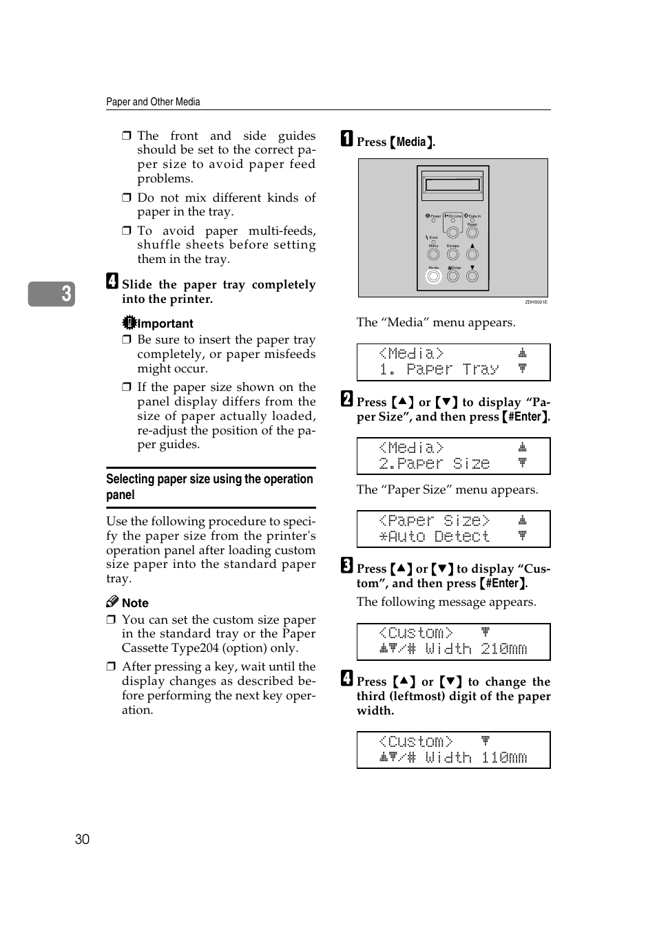 Media> j 1. paper tray l, Media> j 2.paper size l, Paper size> j *auto detect l | Custom> l jl/# width 210mm, Custom> l jl/# width 110mm | Lanier AP206 User Manual | Page 43 / 141
