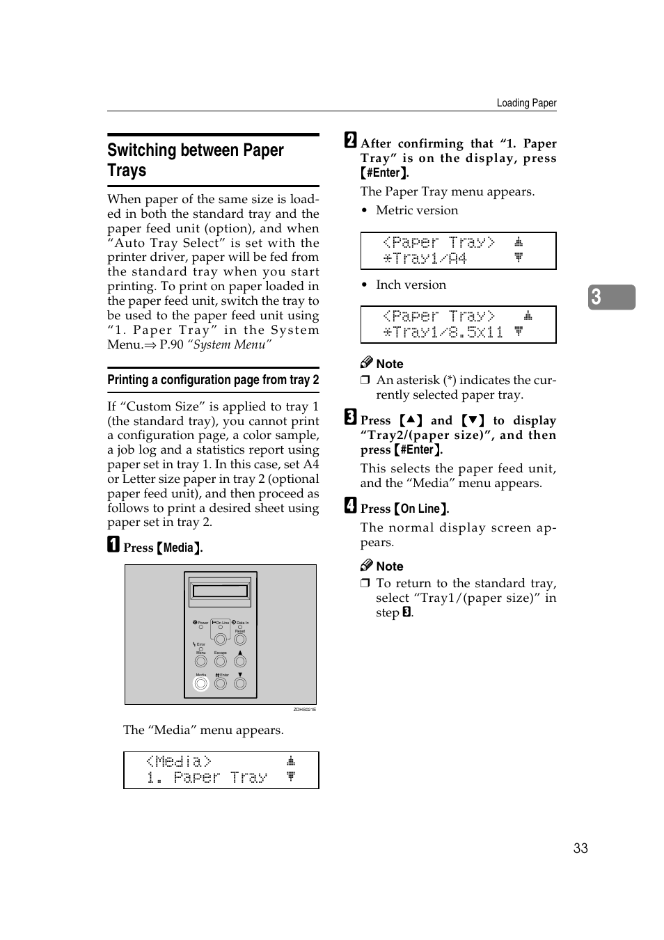 Switching between paper trays, Media> j 1. paper tray l, Paper tray> j *tray1/a4 l | Lanier AP206 User Manual | Page 46 / 141