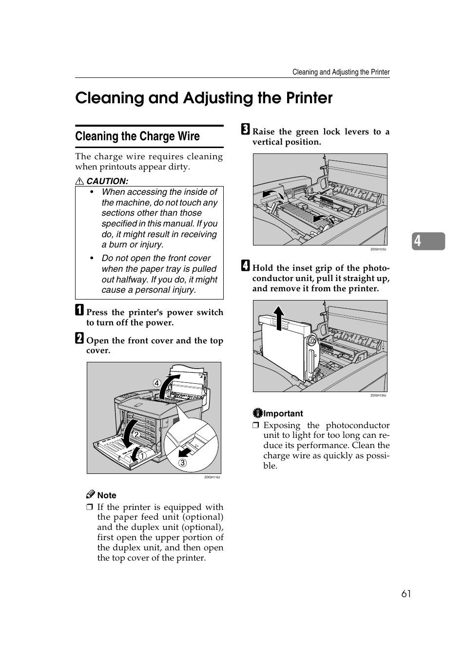 Cleaning and adjusting the printer, Cleaning the charge wire, 4cleaning and adjusting the printer | Lanier AP206 User Manual | Page 74 / 141