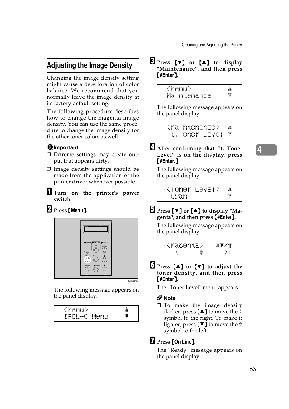 Adjusting the image density, Menu> j ipdl-c menu l, Menu> j maintenance l | Maintenance> j 1.toner level l, Toner level> j cyan l, Magenta> jl/# -<-----g | Lanier AP206 User Manual | Page 76 / 141