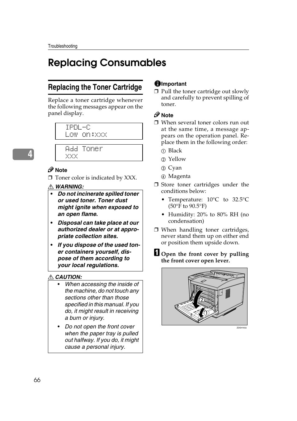 Replacing consumables, Replacing the toner cartridge, 4replacing consumables | Ipdl-c low on:xxx add toner xxx | Lanier AP206 User Manual | Page 79 / 141