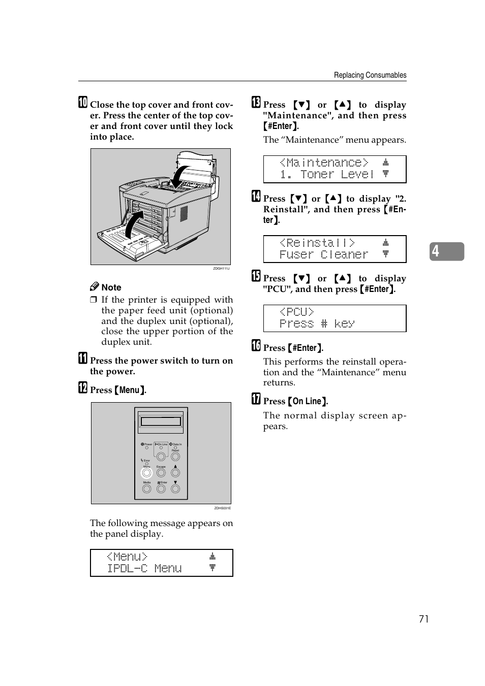 Menu> j ipdl-c menu l, Maintenance> j 1. toner level l, Reinstall> j fuser cleaner l | Pcu> press # key | Lanier AP206 User Manual | Page 84 / 141