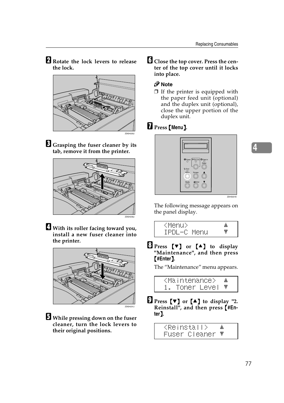 Menu> j ipdl-c menu l, Maintenance> j 1. toner level l, Reinstall> j fuser cleaner l | Lanier AP206 User Manual | Page 90 / 141