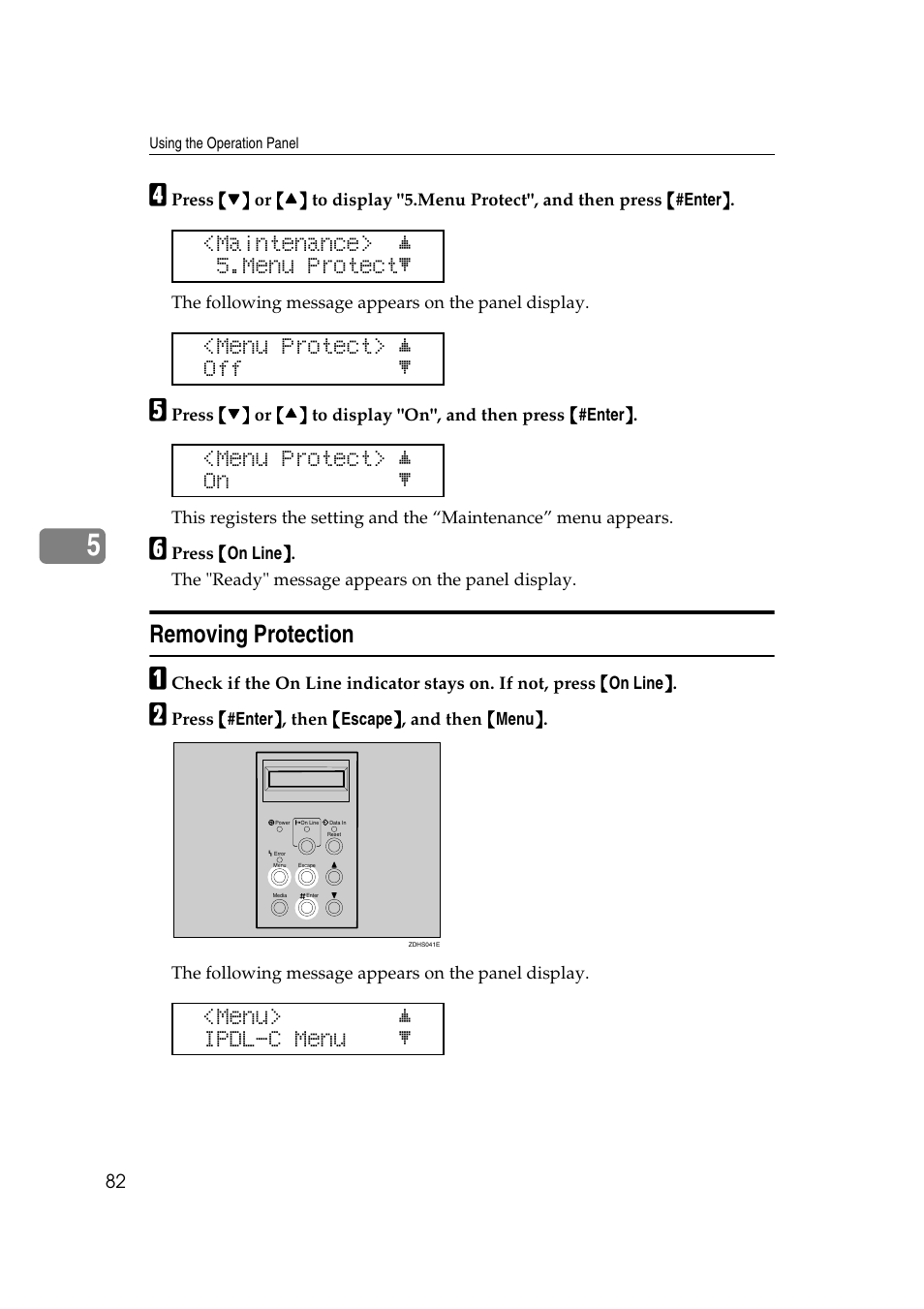 Removing protection, Maintenance> j 5.menu protectl, Menu protect> j off l | Menu protect> j on l, Menu> j ipdl-c menu l | Lanier AP206 User Manual | Page 95 / 141