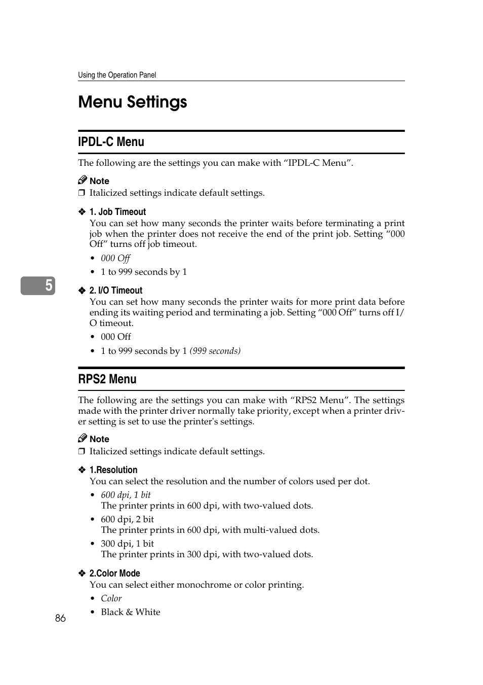 Menu settings, Ipdl-c menu, Rps2 menu | 5menu settings | Lanier AP206 User Manual | Page 99 / 141