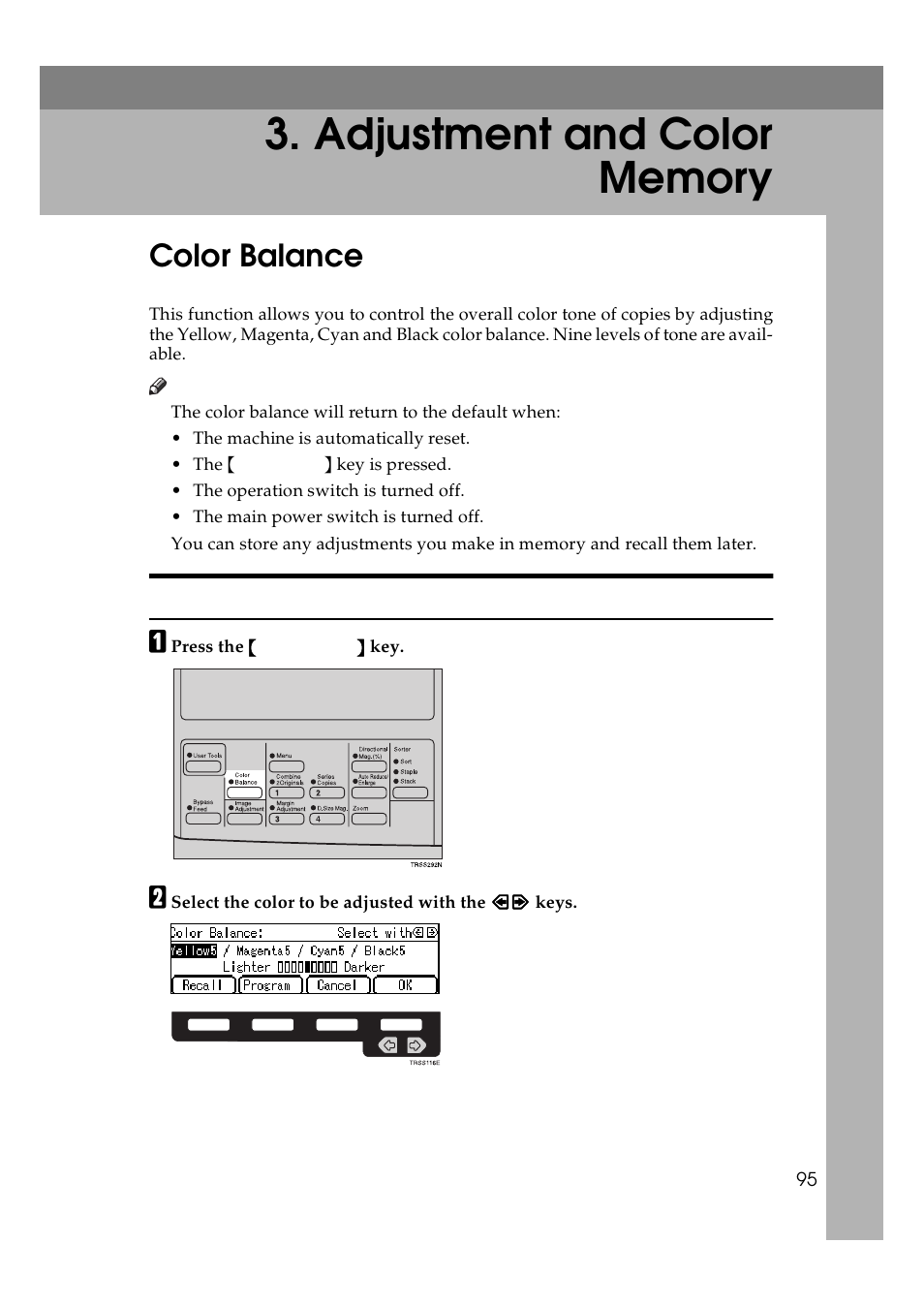 Adjustment and color memory, Color balance, Color balance adjustment | Lanier 5625 User Manual | Page 107 / 180