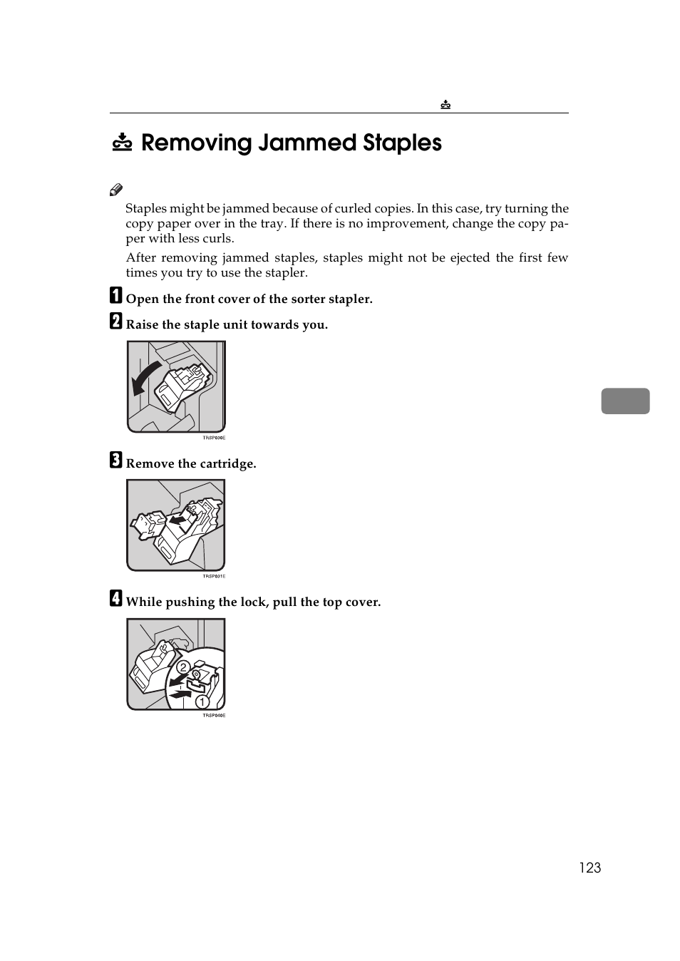 E removing jammed staples, Removing jammed staples, 5e removing jammed staples | Lanier 5625 User Manual | Page 135 / 180