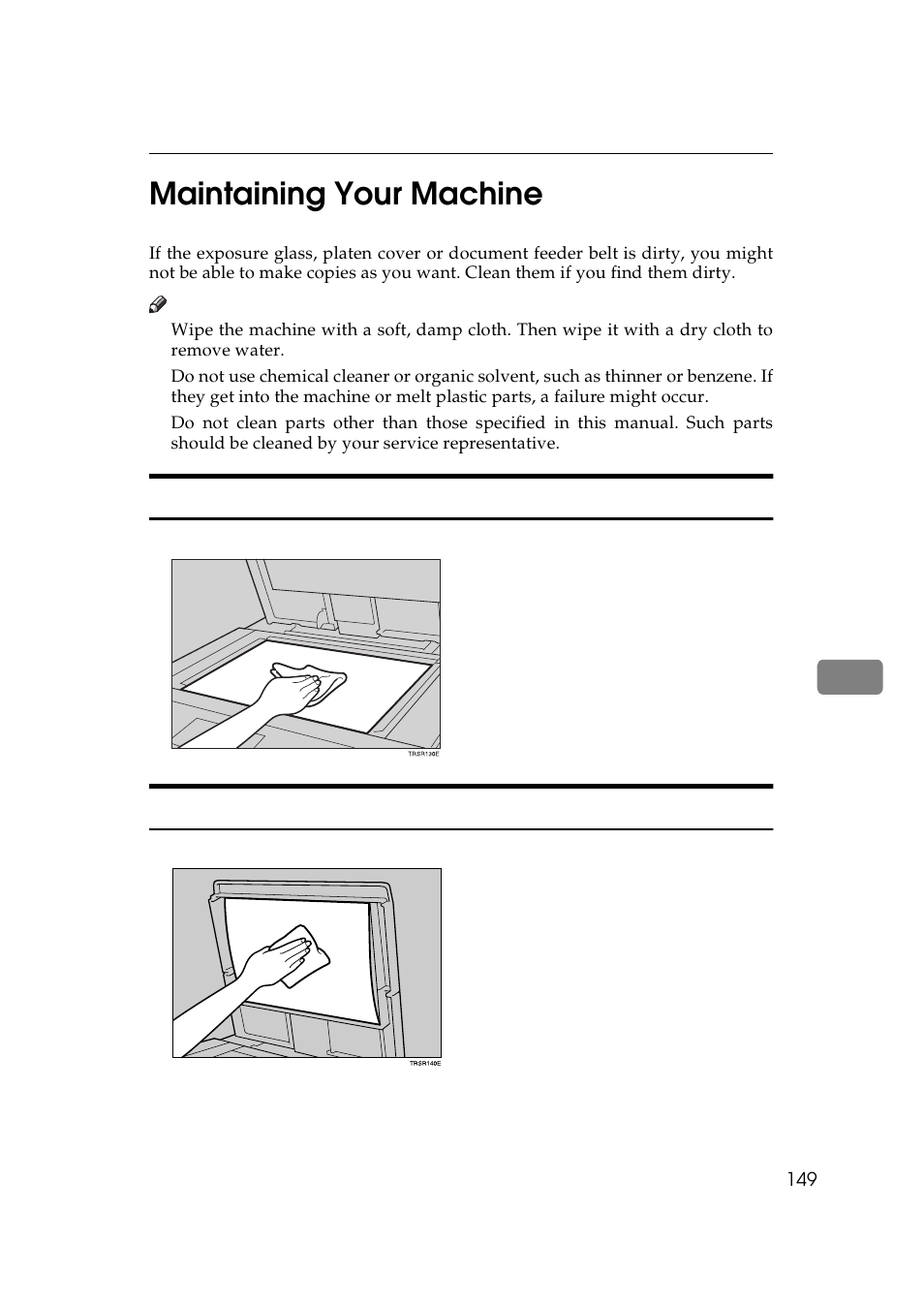 Maintaining your machine, Exposure glass, Platen cover | Exposure glass platen cover, 7maintaining your machine | Lanier 5625 User Manual | Page 161 / 180