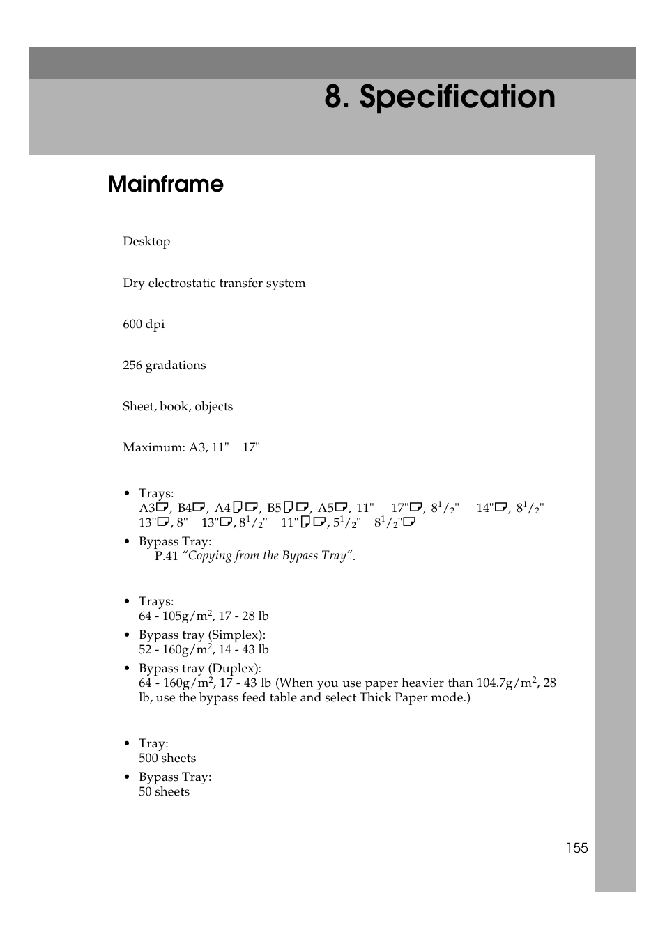 Specification mainframe, Mainframe, Specification | Lanier 5625 User Manual | Page 167 / 180