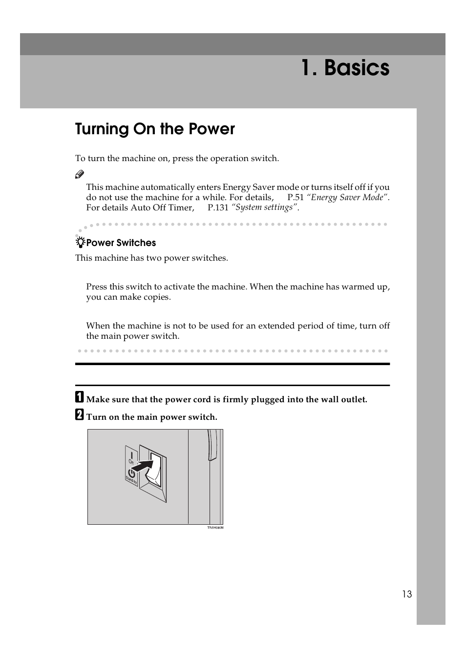 Basics turning on the power, Turning on the main power, Basics | Turning on the power | Lanier 5625 User Manual | Page 25 / 180