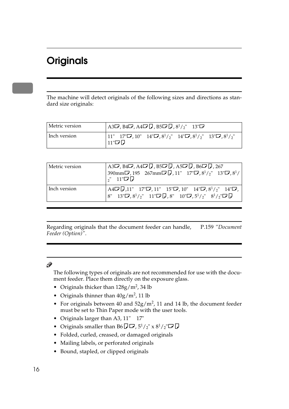 Originals, Standard size originals, Recommended originals | Non- recommended originals for the document feeder, 1originals, Non-recommended originals for the document feeder | Lanier 5625 User Manual | Page 28 / 180