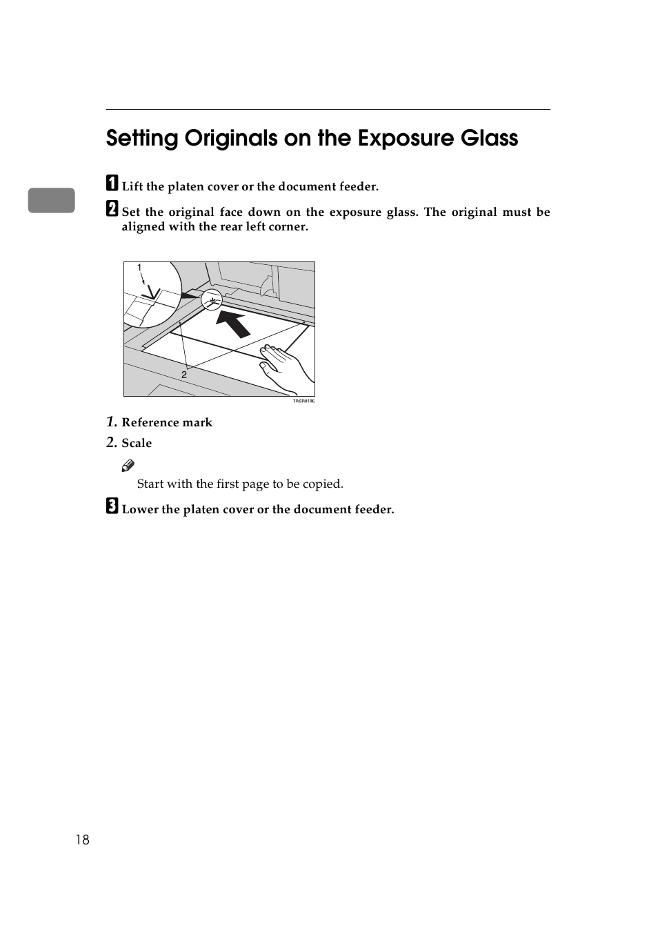 Setting originals on the exposure glass, 1setting originals on the exposure glass | Lanier 5625 User Manual | Page 30 / 180