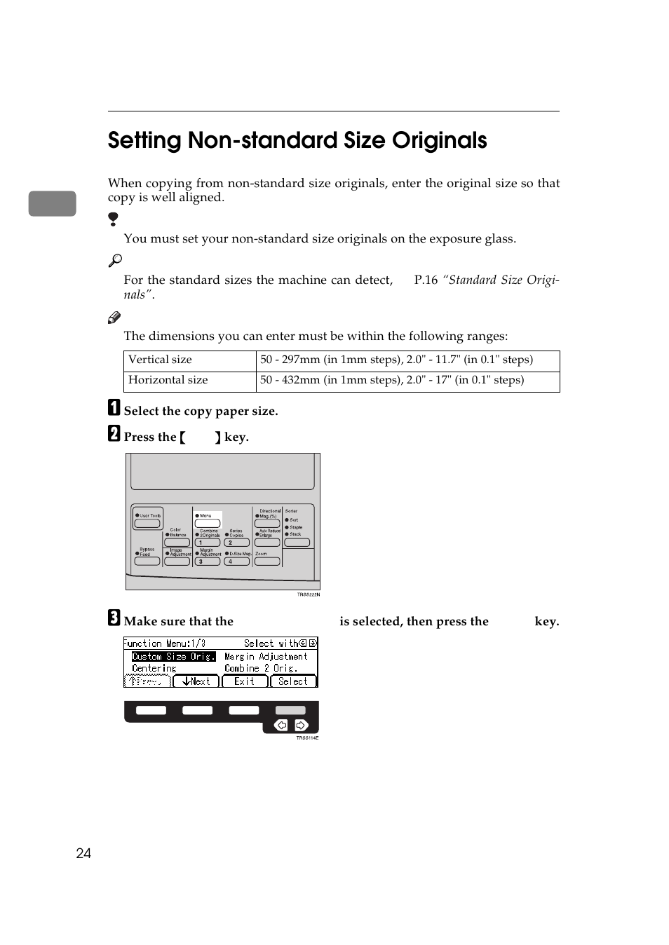 Setting non- standard size originals, Setting non-standard size originals, 1setting non-standard size originals | Lanier 5625 User Manual | Page 36 / 180