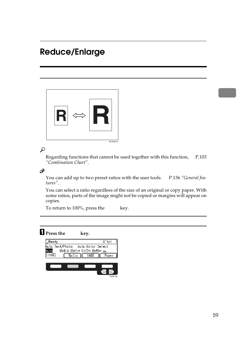 Reduce/ enlarge, Preset r/ e, Reduce/enlarge | Preset r/e, 2reduce/enlarge | Lanier 5625 User Manual | Page 71 / 180