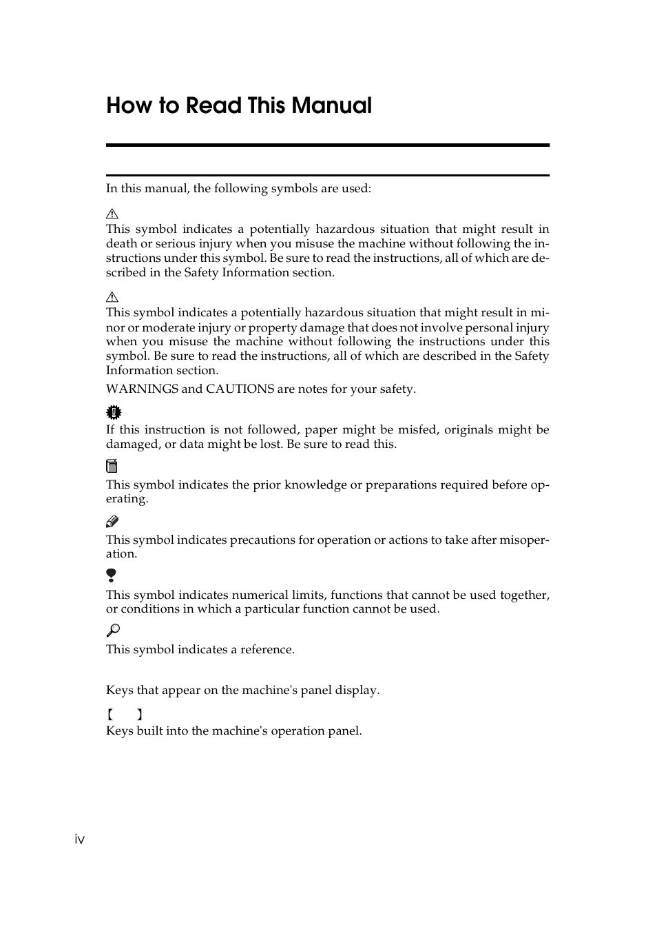 How to read this manual, Symbols | Lanier 5625 User Manual | Page 8 / 180