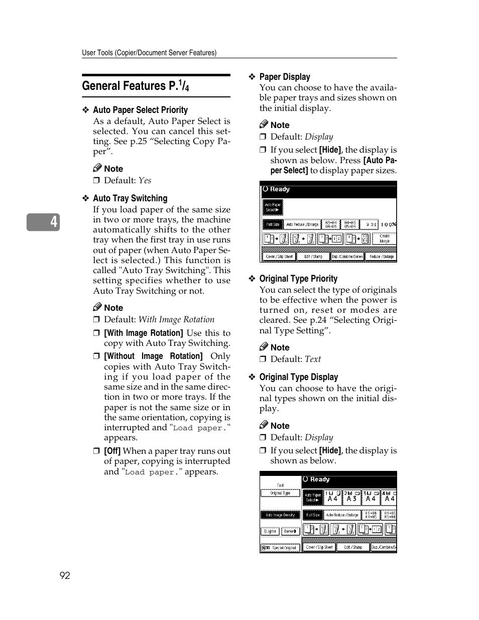 General features p.1/4, General features p, F. see p.92 “auto tray switching | P.92 “general features p | Lanier LD235 User Manual | Page 102 / 134