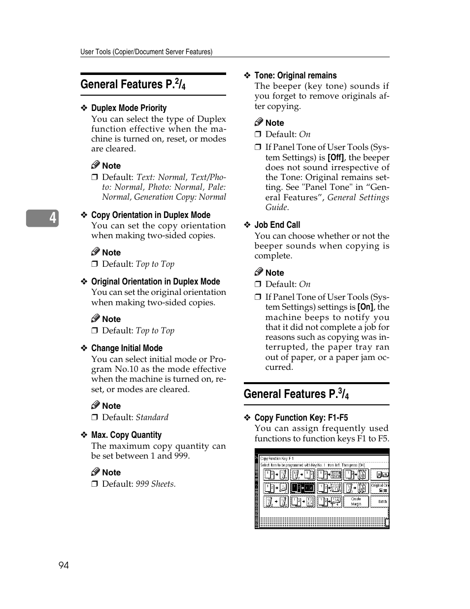 General features p.2/4, General features p.3/4, General features p | Tings. see p.94 “duplex mode priority, P.94 “copy function key: f1-f5, P.94 “change initial mode, P.94 “general features p | Lanier LD235 User Manual | Page 104 / 134