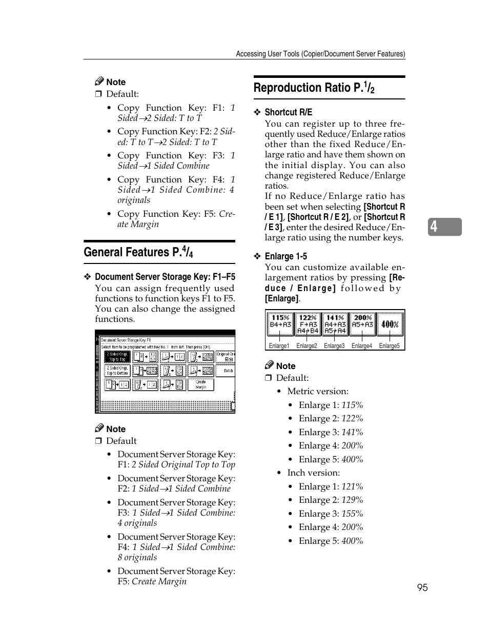 General features p.4/4, Reproduction ratio p.1/2, General features p | Reproduction ratio p, P.95 “shortcut r/e, Ee p.95 “general features p, Ee p.95 “reproduction ratio p | Lanier LD235 User Manual | Page 105 / 134