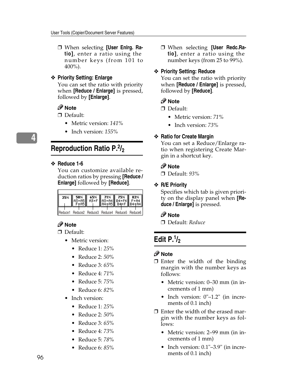 Reproduction ratio p.2/2, Edit p.1/2, Reproduction ratio p | Edit p, P.96 “r/e priority, P.96 “ratio for create margin, Ee p.96 “reproduction ratio p, P.1/2 (see p.96 “edit p | Lanier LD235 User Manual | Page 106 / 134