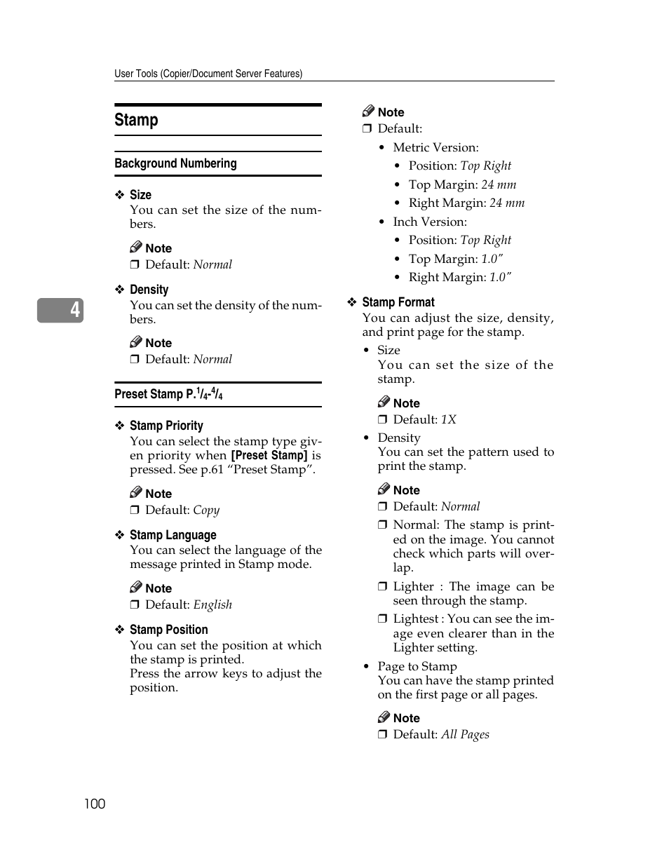 Stamp, Background numbering, Preset stamp p.1/4-4/4 | P.100 “stamp language, P.100 “stamp position” p.100 “stamp format, Stamp (see p.100 “stamp”.) | Lanier LD235 User Manual | Page 110 / 134