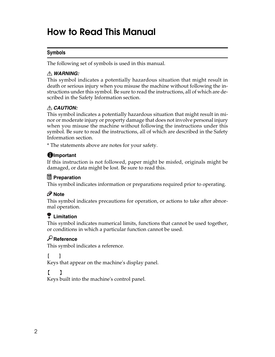 How to read this manual, Symbols | Lanier LD235 User Manual | Page 12 / 134