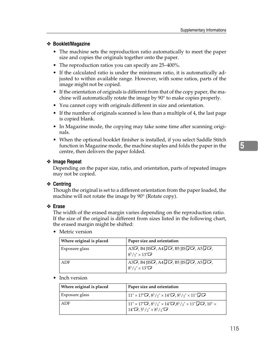 Booklet/magazine, Image repeat, Centring | Erase | Lanier LD235 User Manual | Page 125 / 134