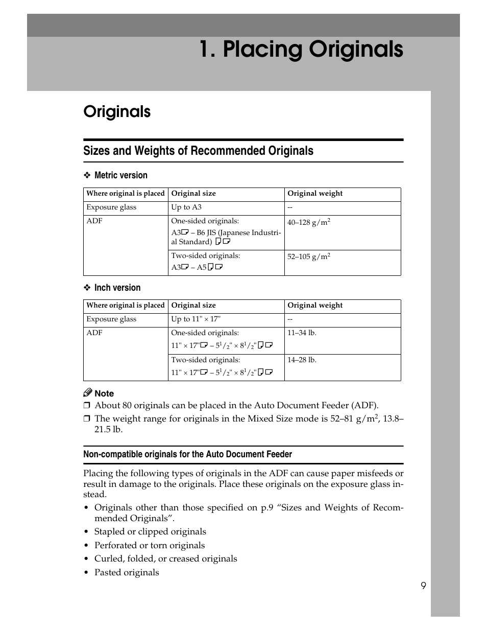 Placing originals, Originals, Sizes and weights of recommended originals | Lanier LD235 User Manual | Page 19 / 134