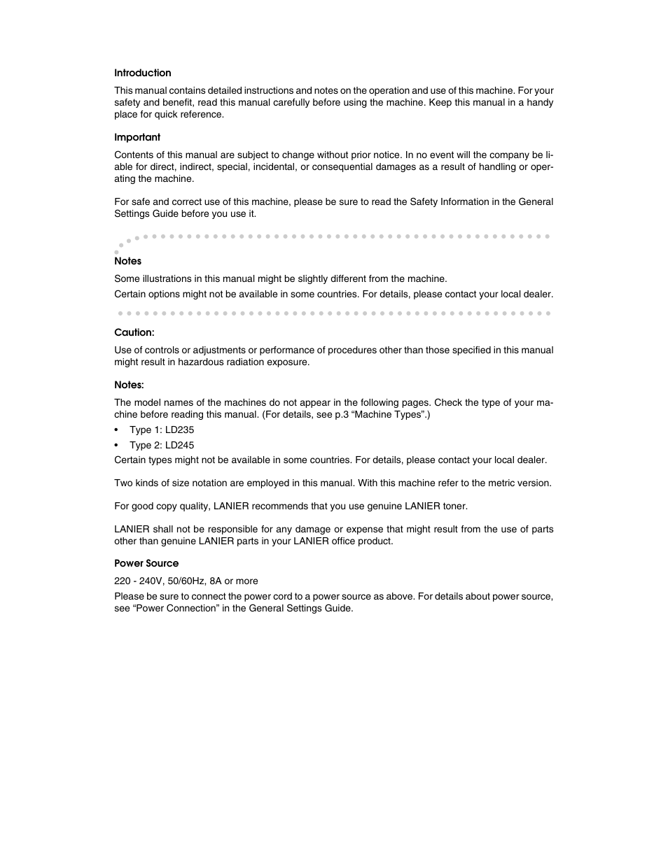 Introduction, Important, Notes | Caution, Power source | Lanier LD235 User Manual | Page 2 / 134