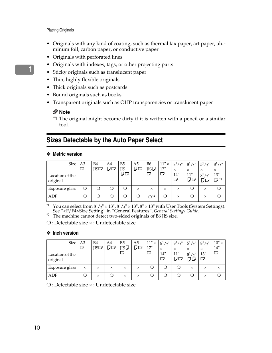 Sizes detectable by the auto paper select, Metric version, Inch version | Lanier LD235 User Manual | Page 20 / 134