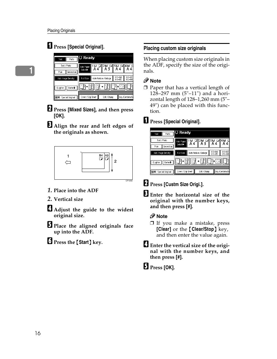 Placing custom size originals, P.16 “placing custom size origi- nals | Lanier LD235 User Manual | Page 26 / 134