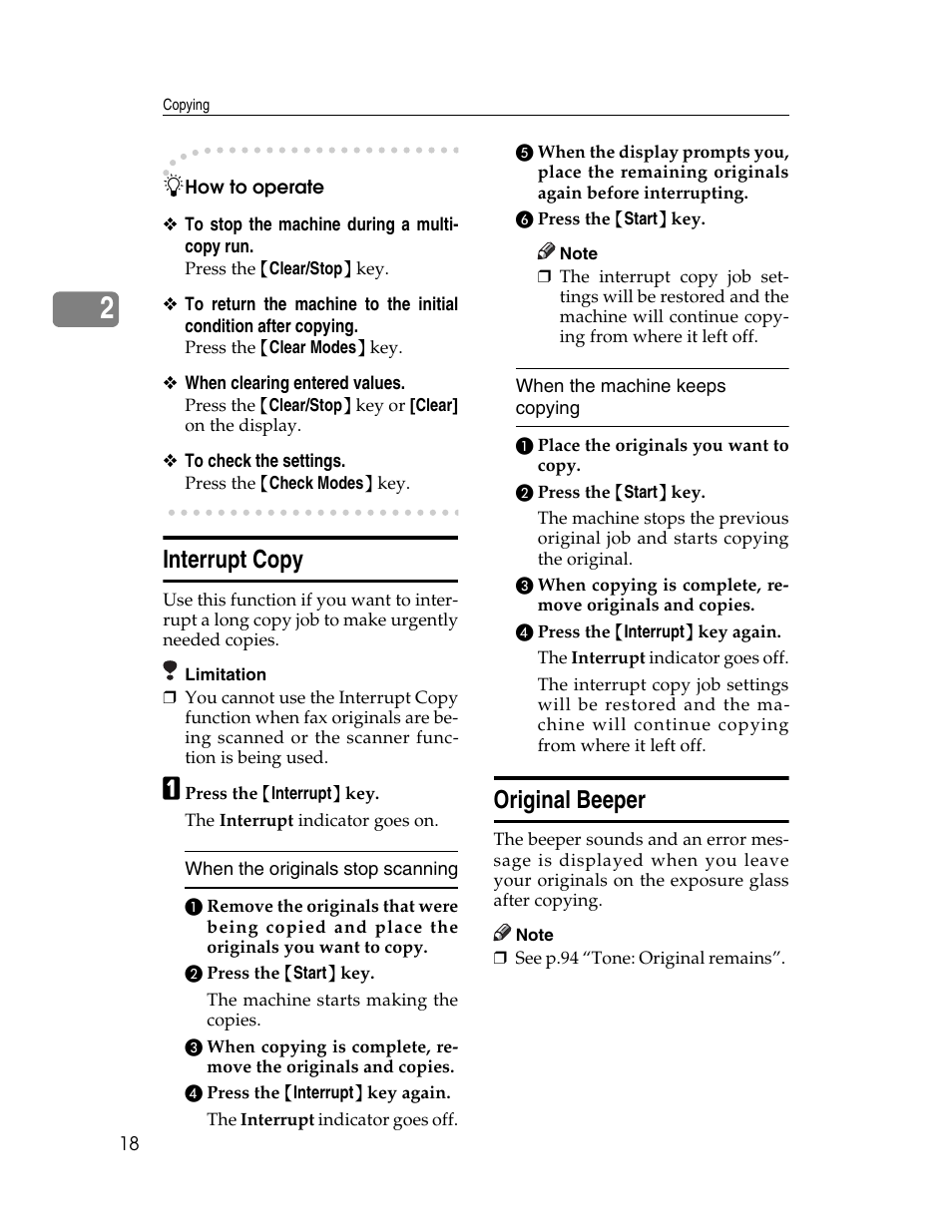 Interrupt copy, Original beeper, Interrupt copy original beeper | Lanier LD235 User Manual | Page 28 / 134